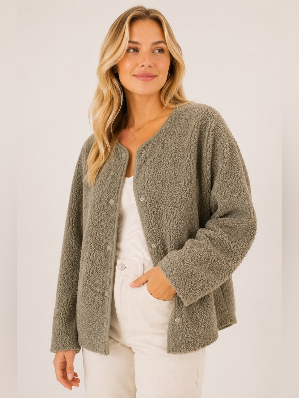 Joie Olive Sherpa Fleece Snap Front Jacket Medium Teddy Boucle Cardigan Coat